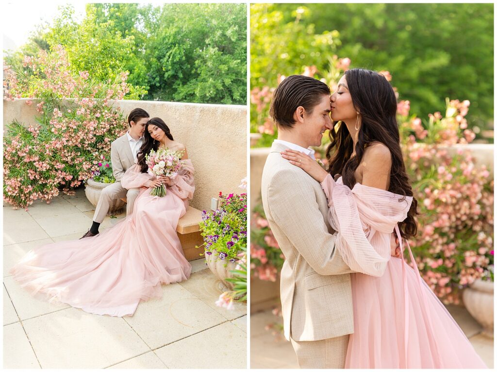 Stunning couple surrounded by Spring flowers during a celebratory portrait session for their anniversary at Tlaquepaque Arts & Shopping Village in Sedona, Arizona.