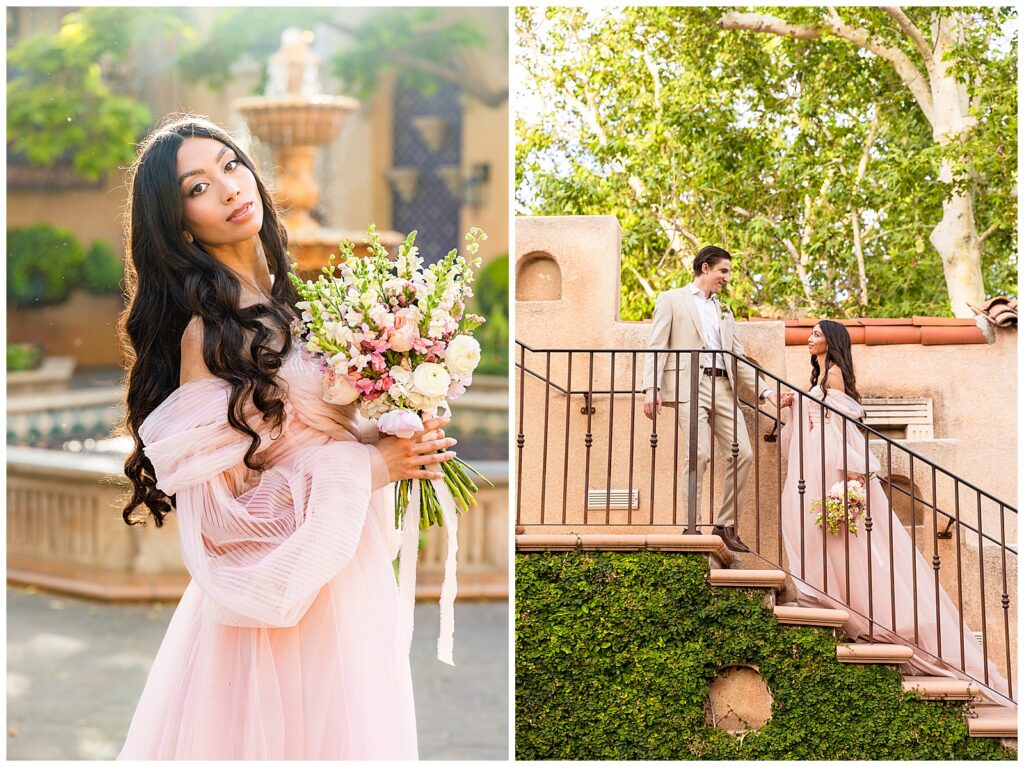 Beautiful woman with floral bouquet in flowing pink gown traditional portrait during sunset and couple walking a grand staircase during celebratory portrait session at Tlaquepaque Arts & Shopping Village in Sedona, Arizona. 