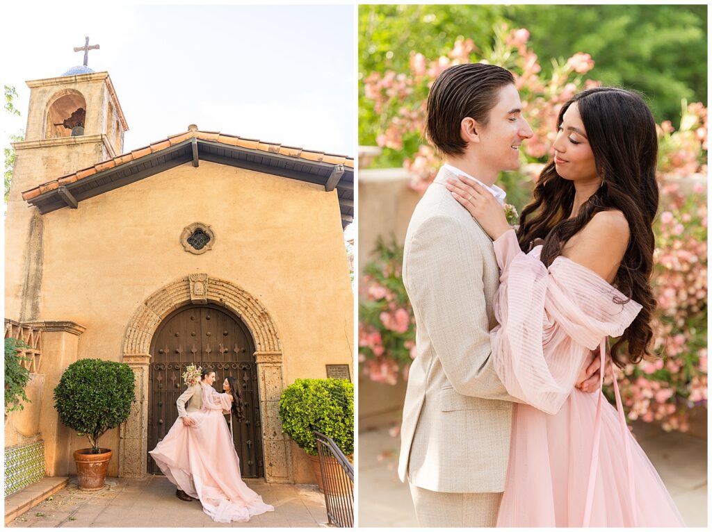 Sweet couple looking caringly into one another's eyes during a sunset portrait session at Tlaquepaque Arts & Shopping Village in Sedona, Arizona. 